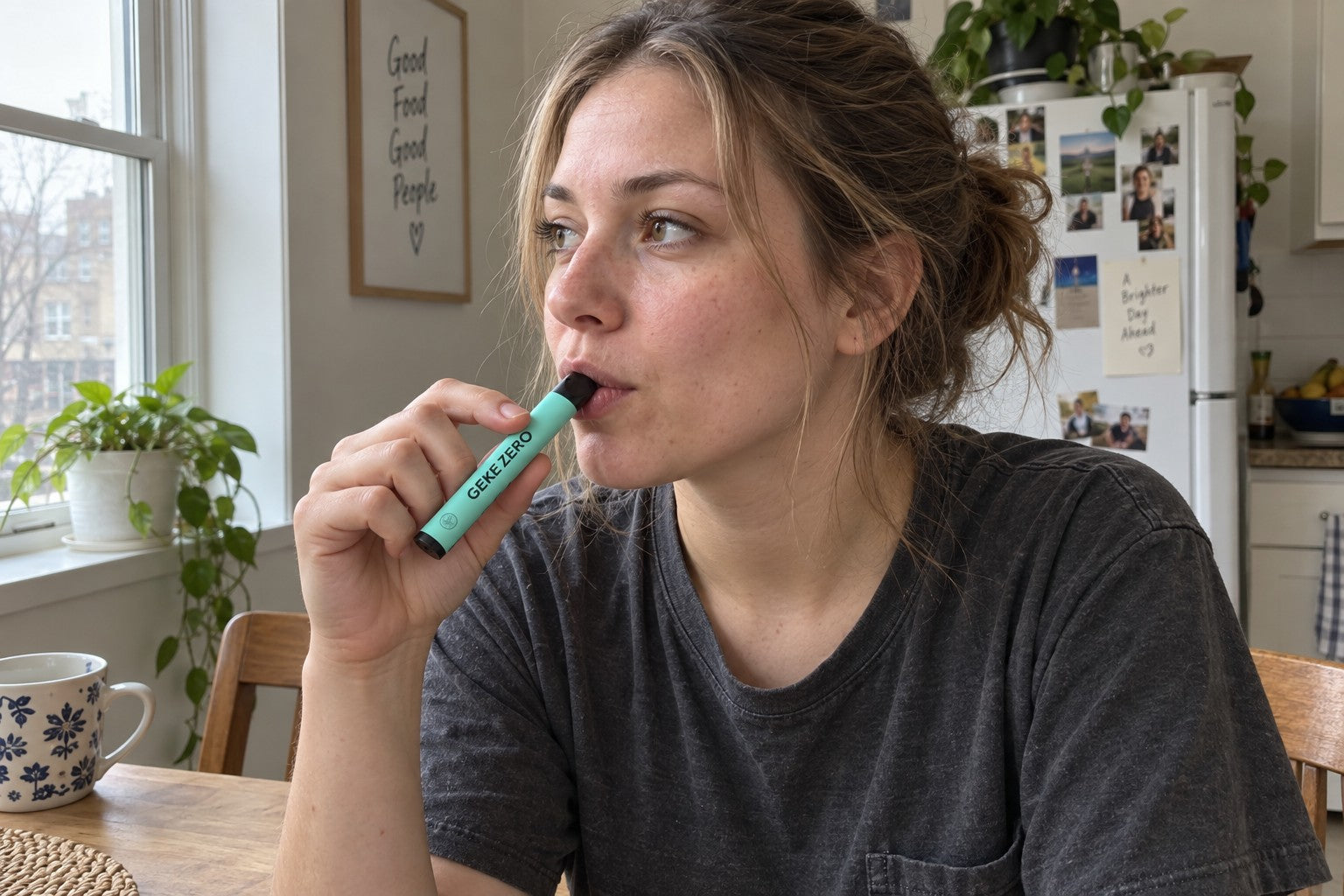 Lifestyle illustration of an adult using the mint FlavorDraw flavored-air stick