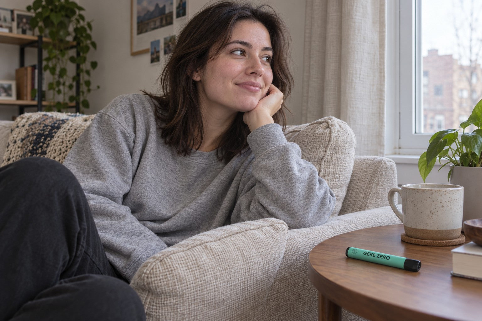 An adult model taking a quiet pause at home, with FlavorDraw on the table