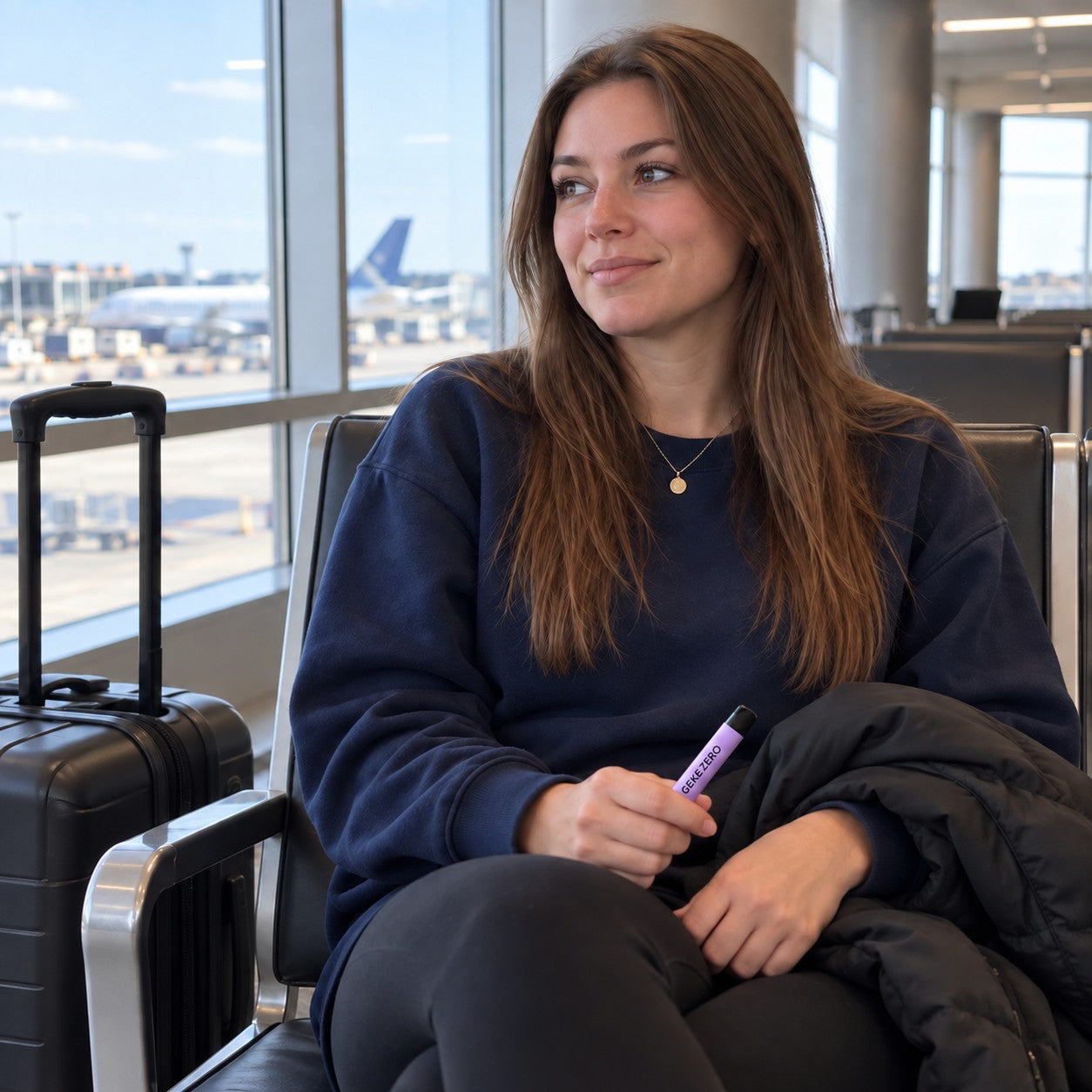 Illustrative young adult traveler holding FlavorDraw beside carry-on luggage in an airport lounge