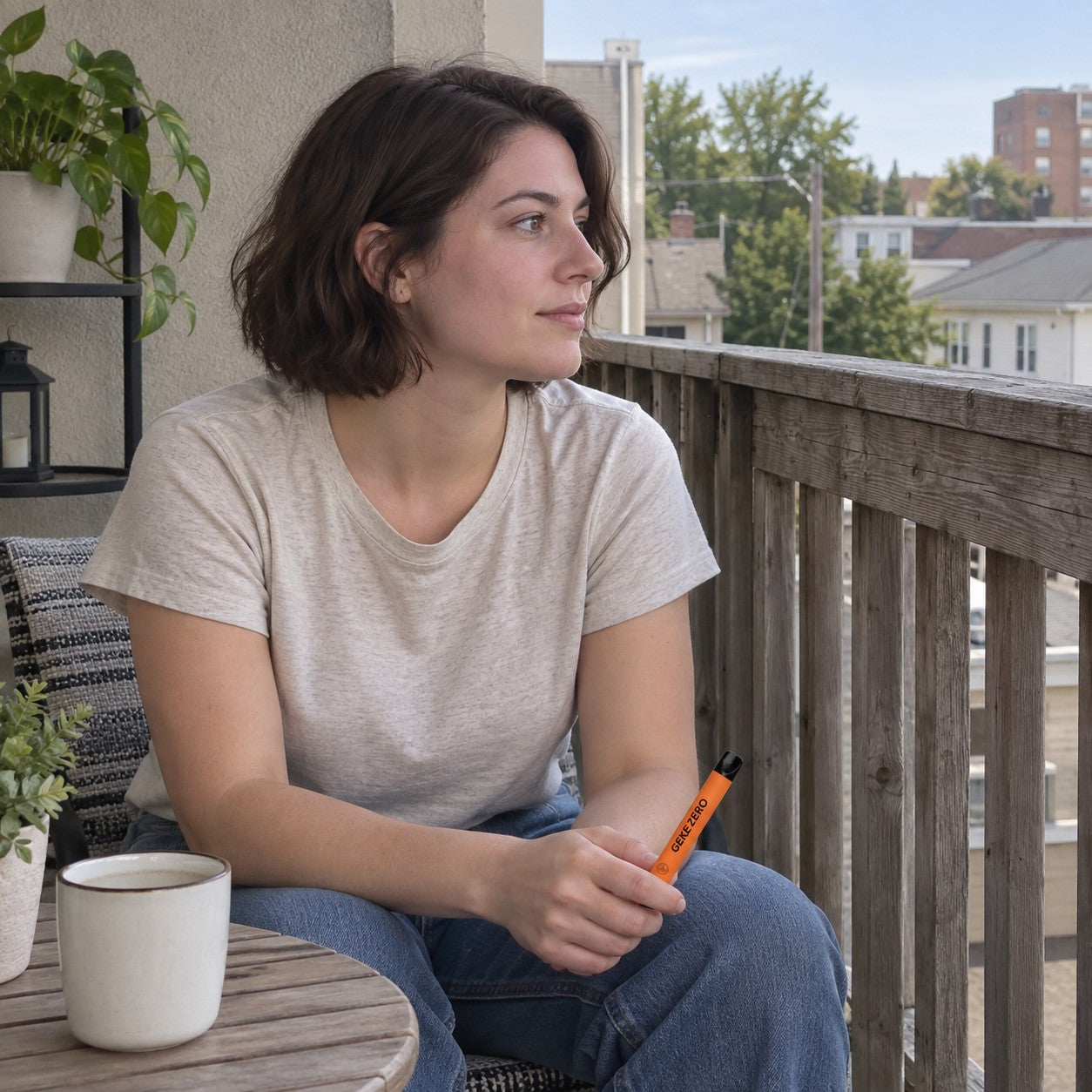 Illustrative scene: Young adult woman holding the Orange stick on her balcony