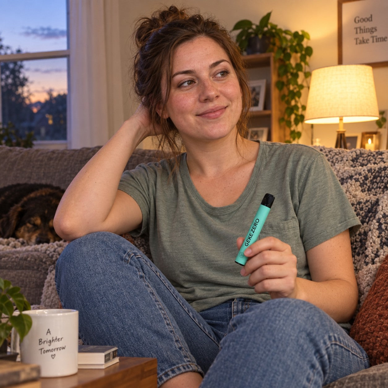 Illustrative young adult parent taking a quiet moment alone in a family home