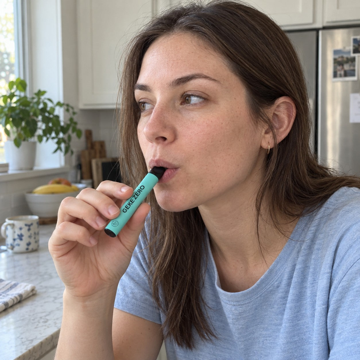 Illustrative adult demonstrating the mouthpiece position
