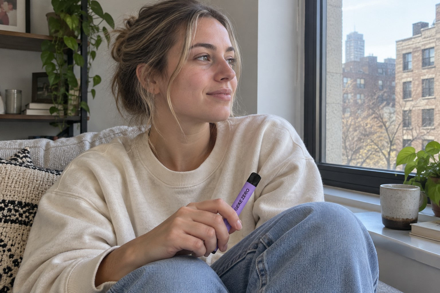Illustrative adult taking a quiet break beside a window, holding a purple FlavorDraw stick